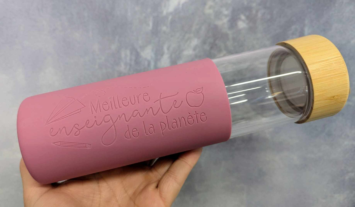 Cadeau pour enseignante - Bouteille en verre 20 0z. - Rose - Meilleure enseignante de la planète!