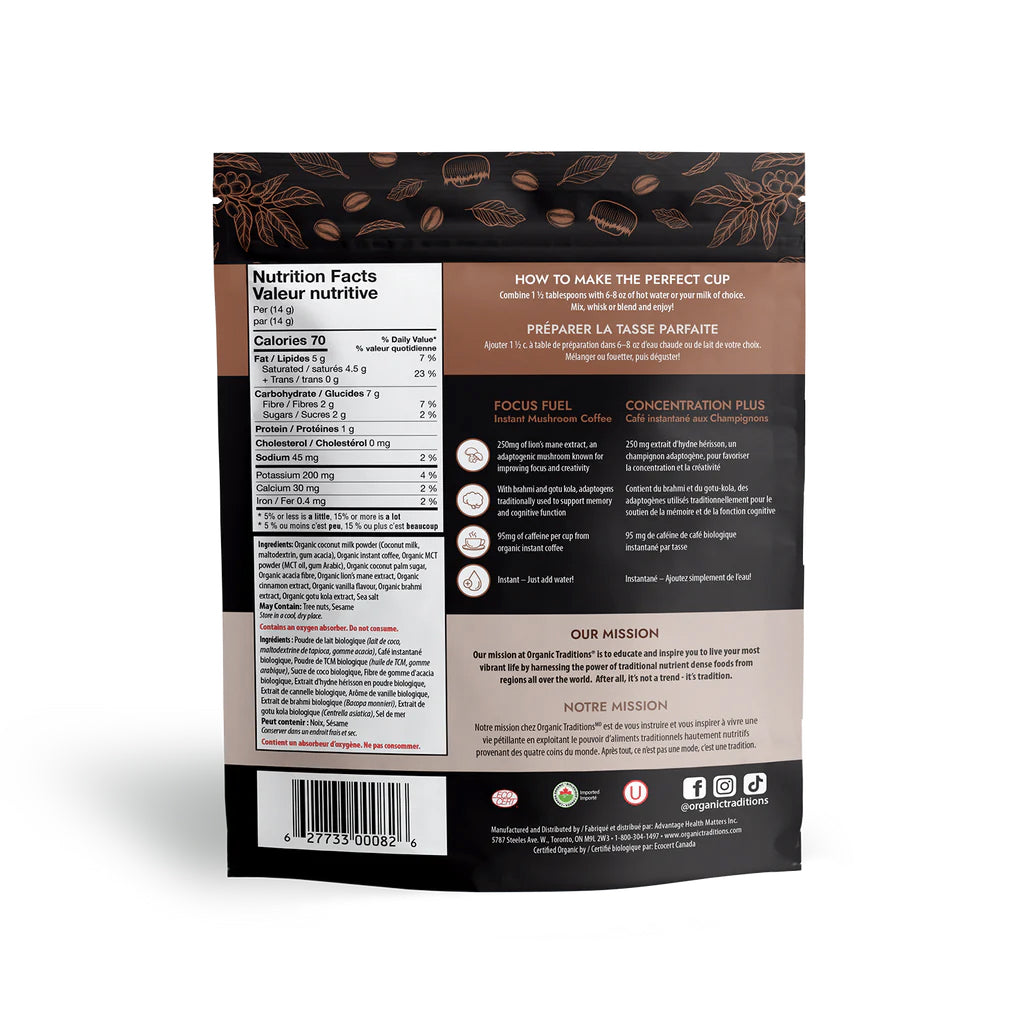 Concentration Plus - Focus Fuel - Café instantanné aux champignons - Organic Traditions - 140g