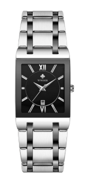 Montre WWOOR Rectangle bracelet argent et noir, fond noir