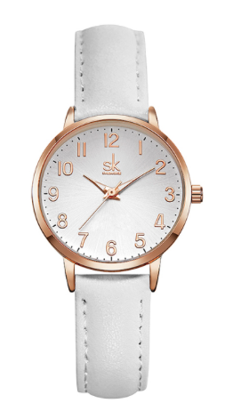 Montre Shengke or rose avec un bracelet de cuir blanc