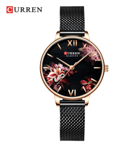 Montre Curren pour femmes avec bracelet mesh noir, cadran fleuri