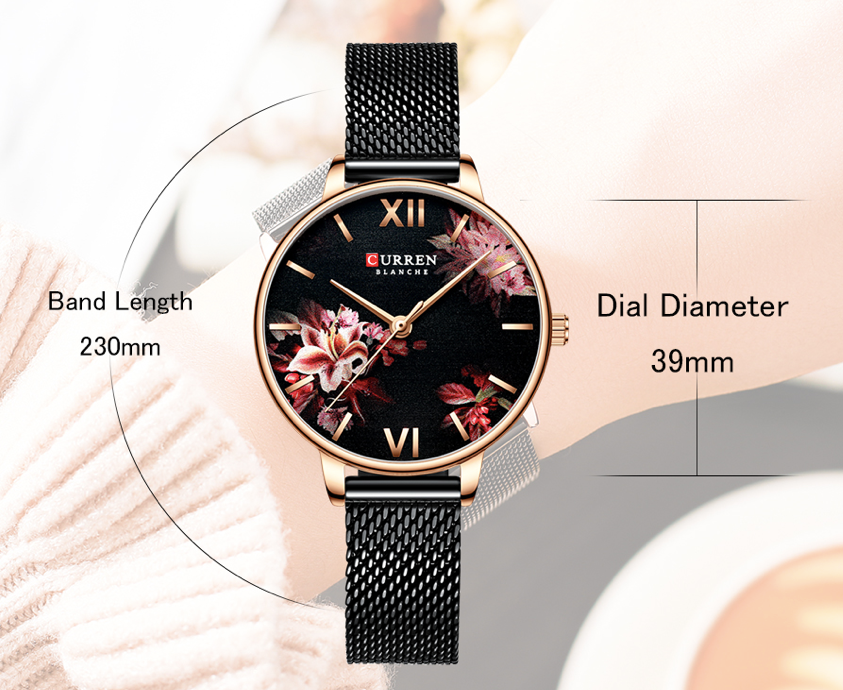 Montre Curren pour femmes avec bracelet mesh noir, cadran fleuri