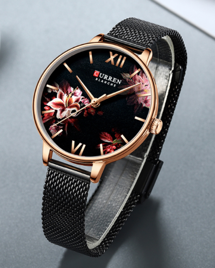 Montre Curren pour femmes avec bracelet mesh noir, cadran fleuri