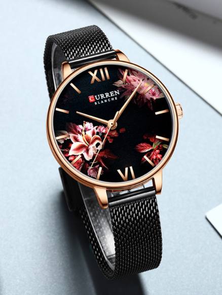 Montre Curren pour femmes avec bracelet mesh noir, cadran fleuri