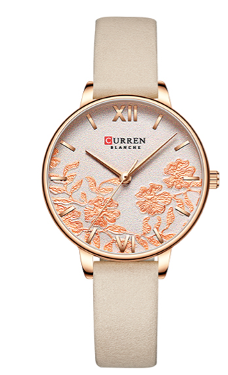 Montre Curren pour femme avec bracelet de cuir beige et cadran fleuri
