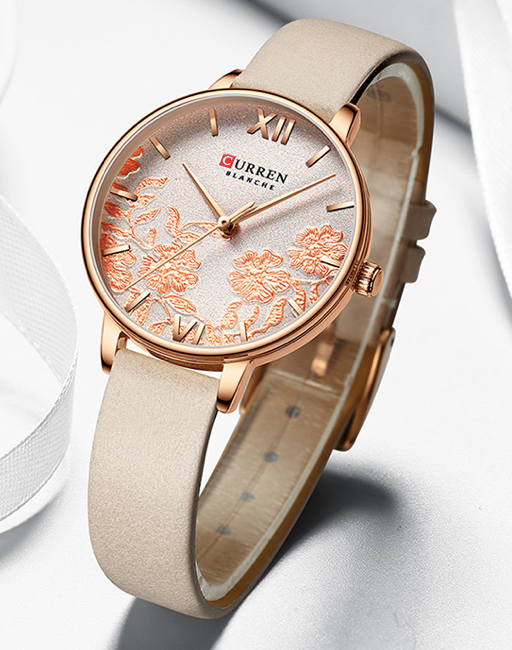 Montre Curren pour femme avec bracelet de cuir beige et cadran fleuri