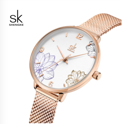Montre Shengke en mesh or rose et cadran fleuri