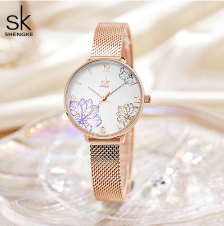 Montre Shengke en mesh or rose et cadran fleuri