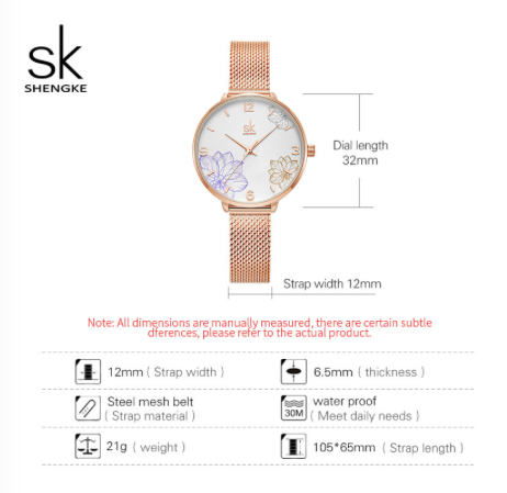 Montre Shengke en mesh or rose et cadran fleuri