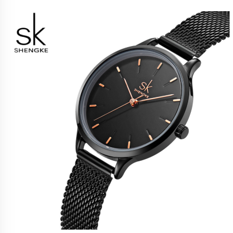 Montre Shengke en mesh noir, modèle plus délicat