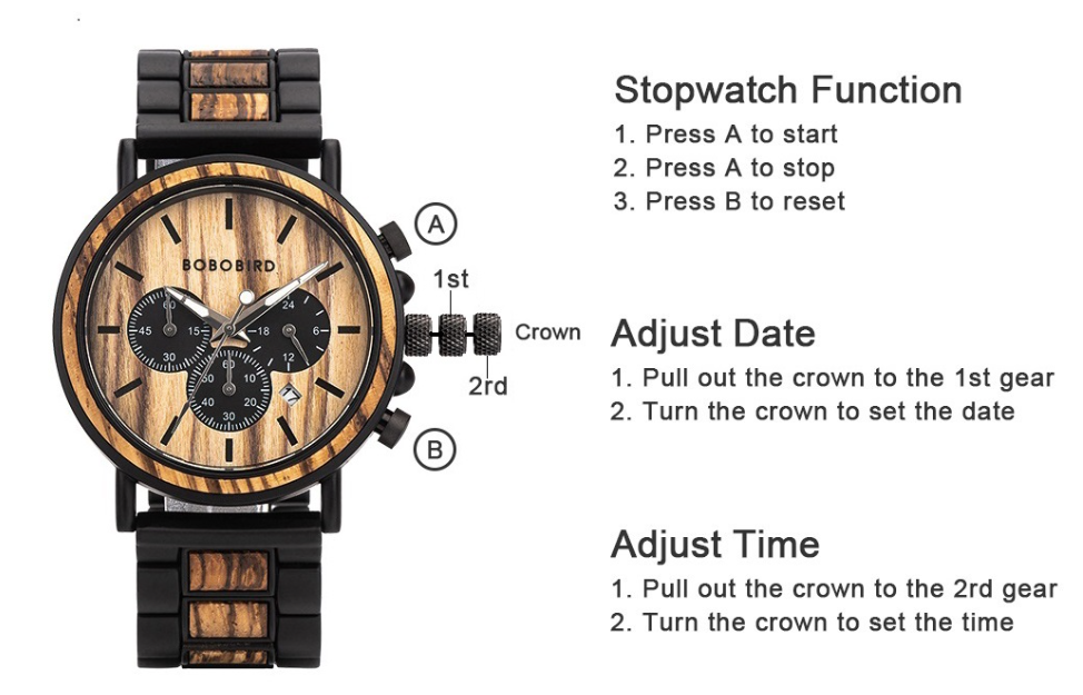 Montre Bobo Bird pour hommes métal noir et bois incrusté