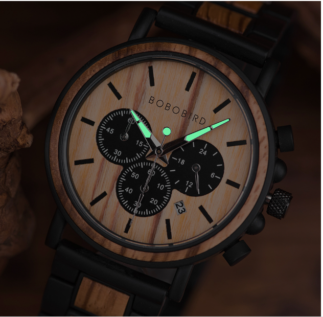 Montre Bobo Bird pour hommes métal noir et bois incrusté