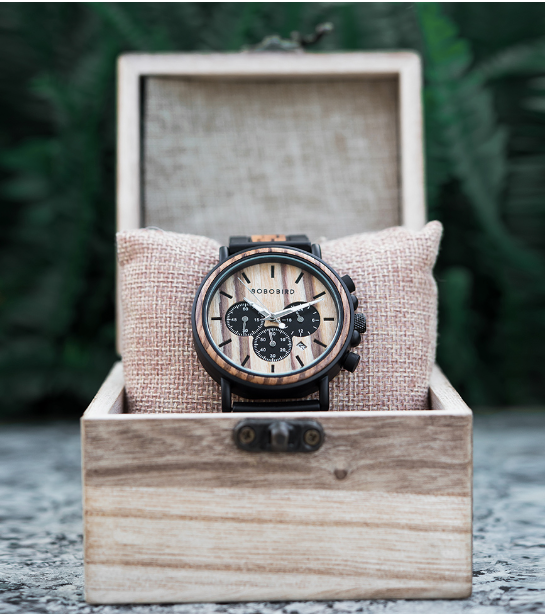 Montre Bobo Bird pour hommes métal noir et bois incrusté