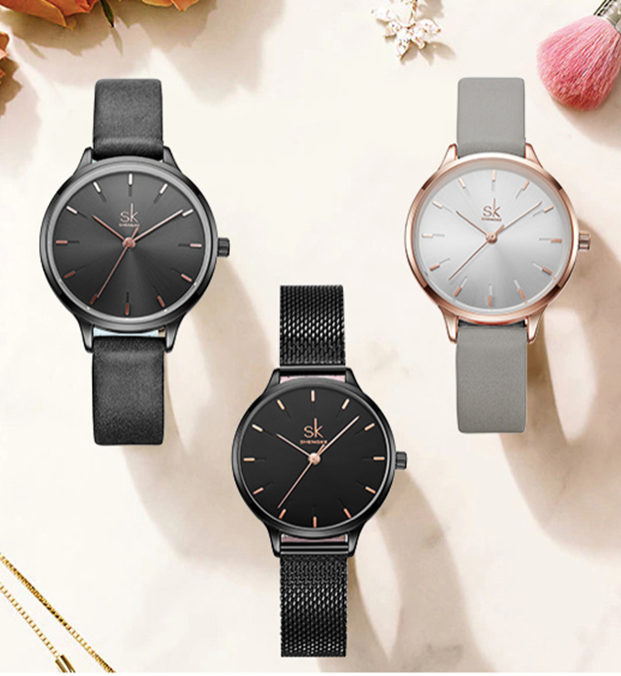 Montre Shengke en cuir noir pour femmes