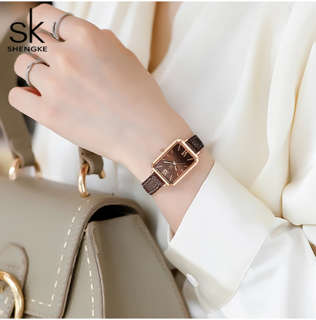 Montre rectangulaire femme avec bracelet de cuir brun - Shengke