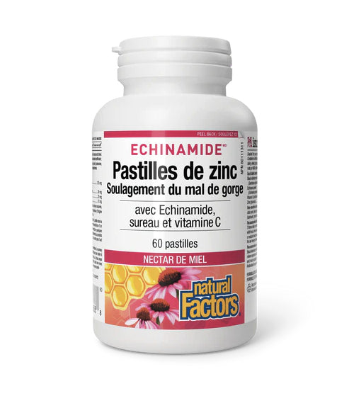 Echinamide - Pastilles de Zinc, Échinacée, Sureau, Vitamine C - Soulagement du mal de gorge - Natural Factors - 60 Pastilles - Nectar de Miel