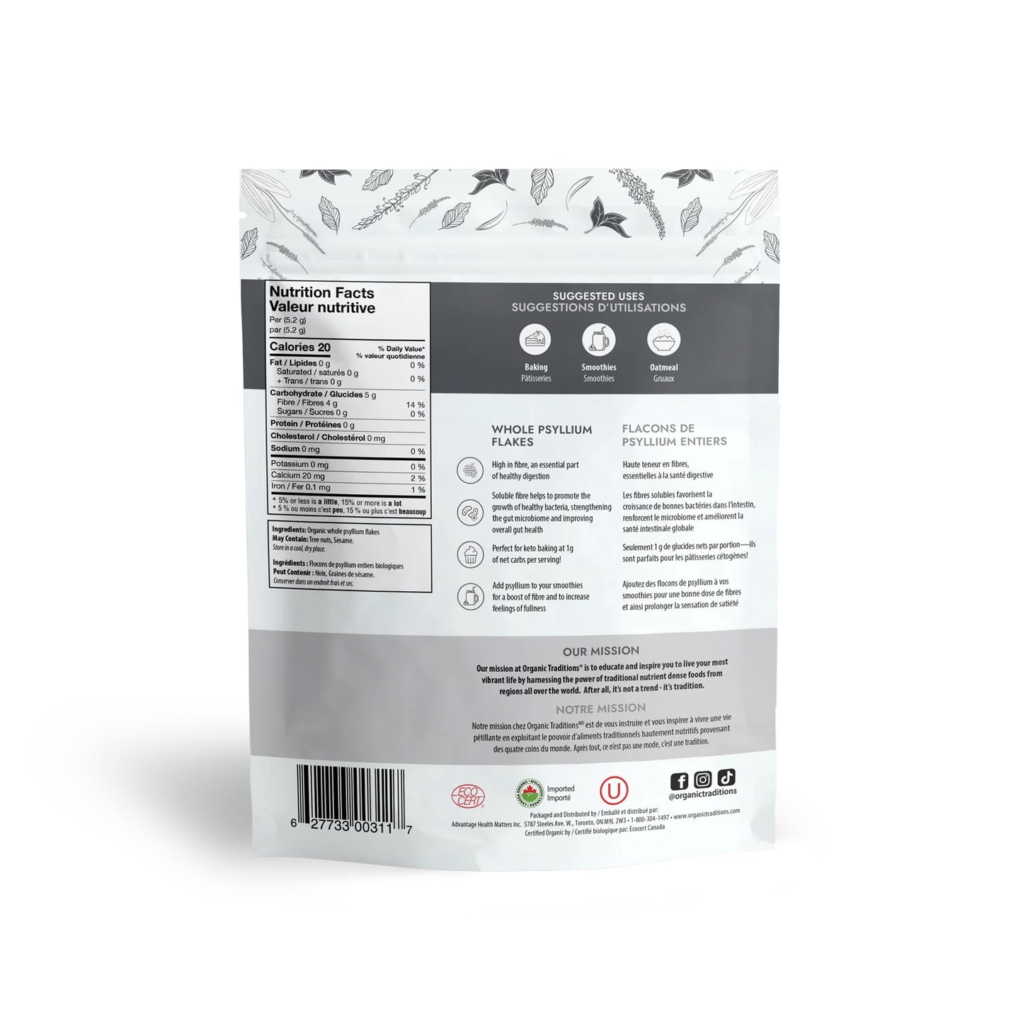Flocons de Psyllium entiers biologiques - Organic Traditions - 340g