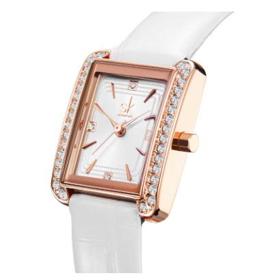 Montre femme rectangle bracelet de cuir blanc