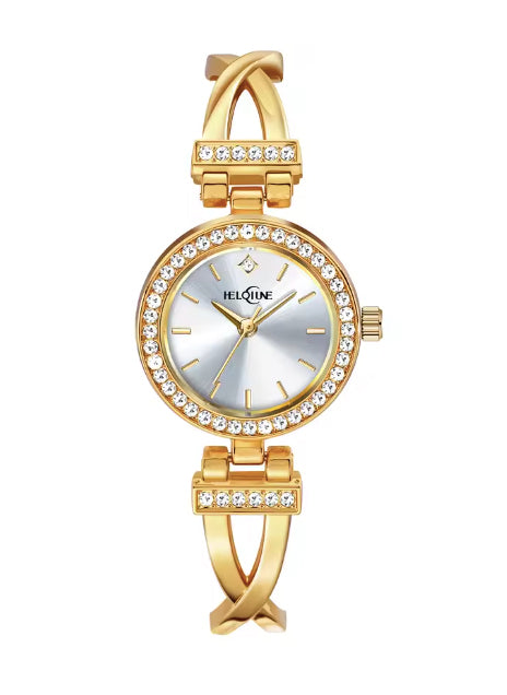 Montre mode pour femme élégante, bracelet entrelacé or et pierres du rhin