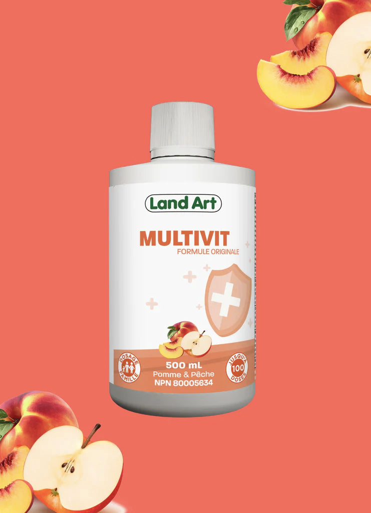 Multivit - Supplément Multi-vitaminique liquide pour toute la famille - Land Art - 500ml - Pêche et Pomme