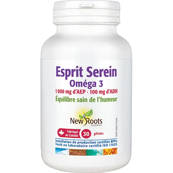 Esprit Serein Omega 3 - 1000mg d'AEP + 100mg ADH - Équilibre sain de l'humeur - New Roots - 60 gélules