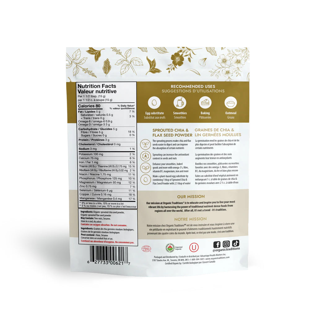 Graines de chia et de lin germées moulues biologiques - Organic Traditions - 454g