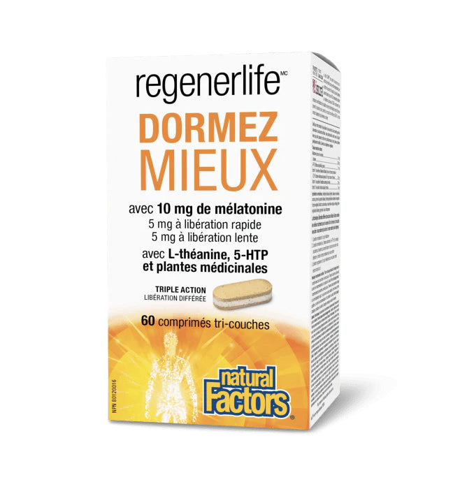 Dormez Mieux - Mélatonine à libération lente + Mélatonine à libération rapide + L-Théanine - Regenerlife - Natural Factors - 60 comprimés tri-couches