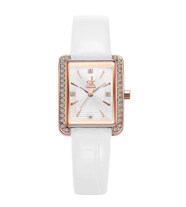 Montre femme rectangle bracelet de cuir blanc