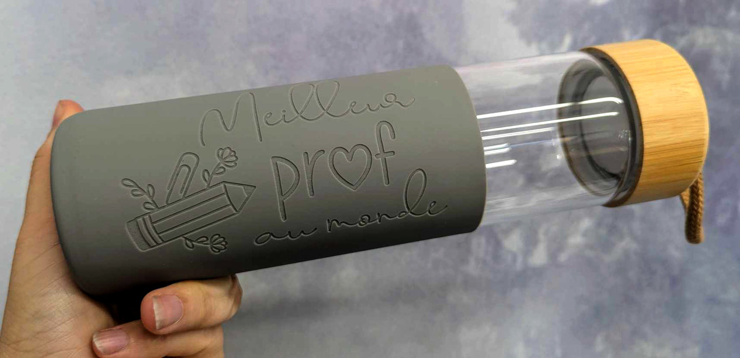Cadeau pour prof - Bouteille en verre 20 0z. - Meilleur prof au monde - Gris