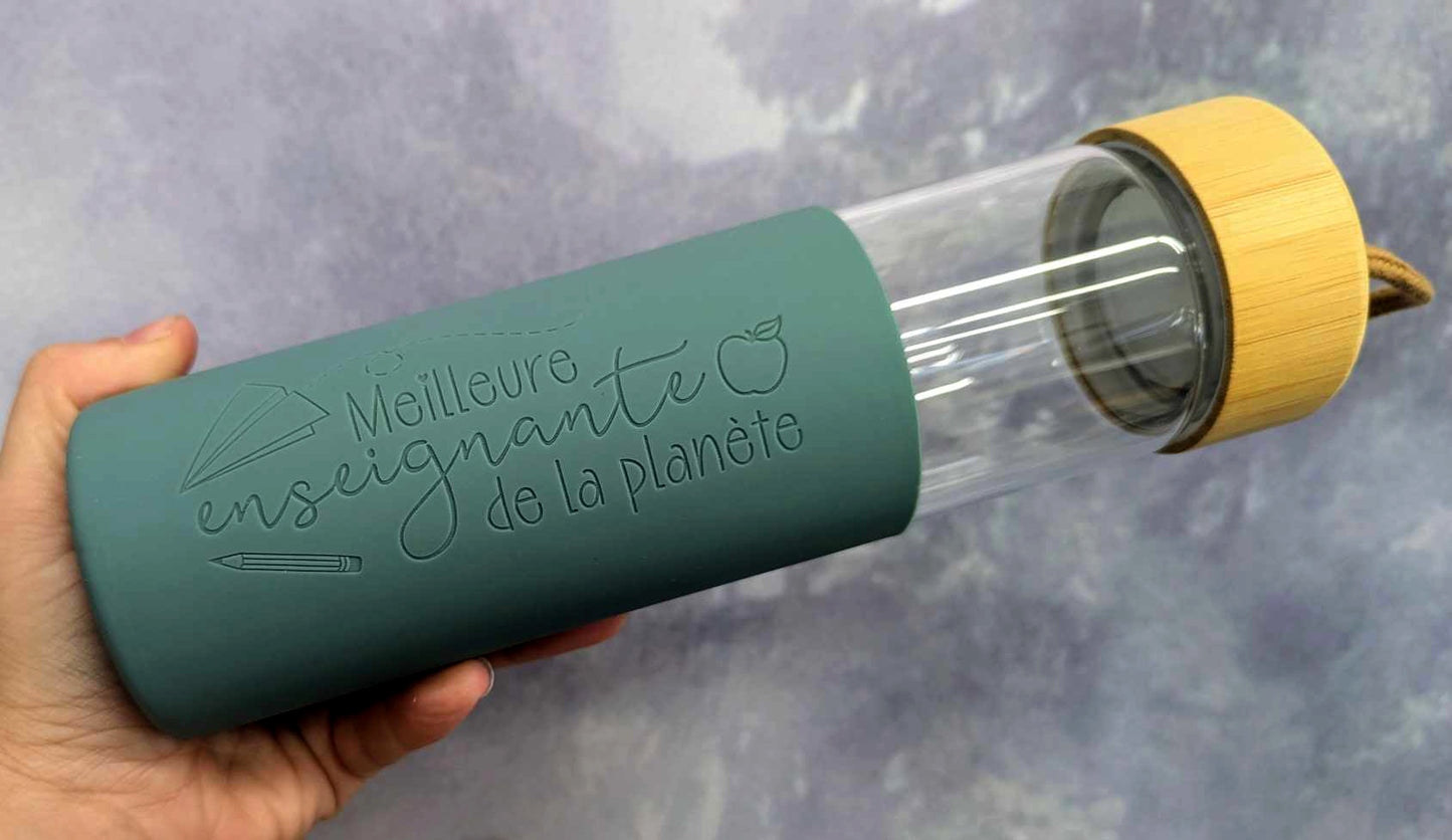 Cadeau pour enseignante - Bouteille en verre 20 oz. - Turquoise - Meilleure enseignante de la planéte!