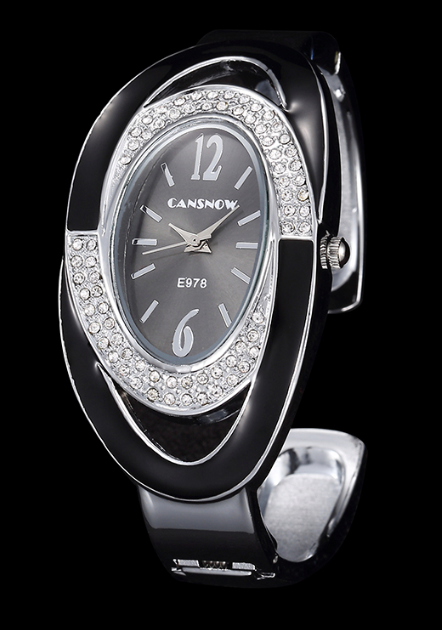 Montre bangle Cansnow noir et argent ovale