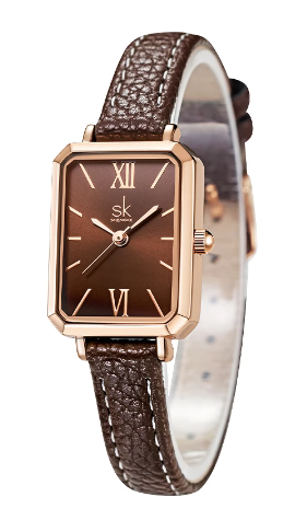 Montre rectangulaire femme avec bracelet de cuir brun - Shengke