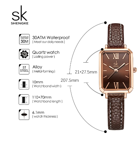 Montre rectangulaire femme avec bracelet de cuir brun - Shengke