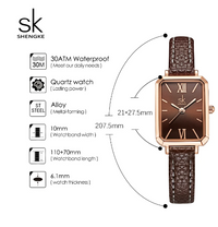 Montre rectangulaire femme avec bracelet de cuir brun - Shengke