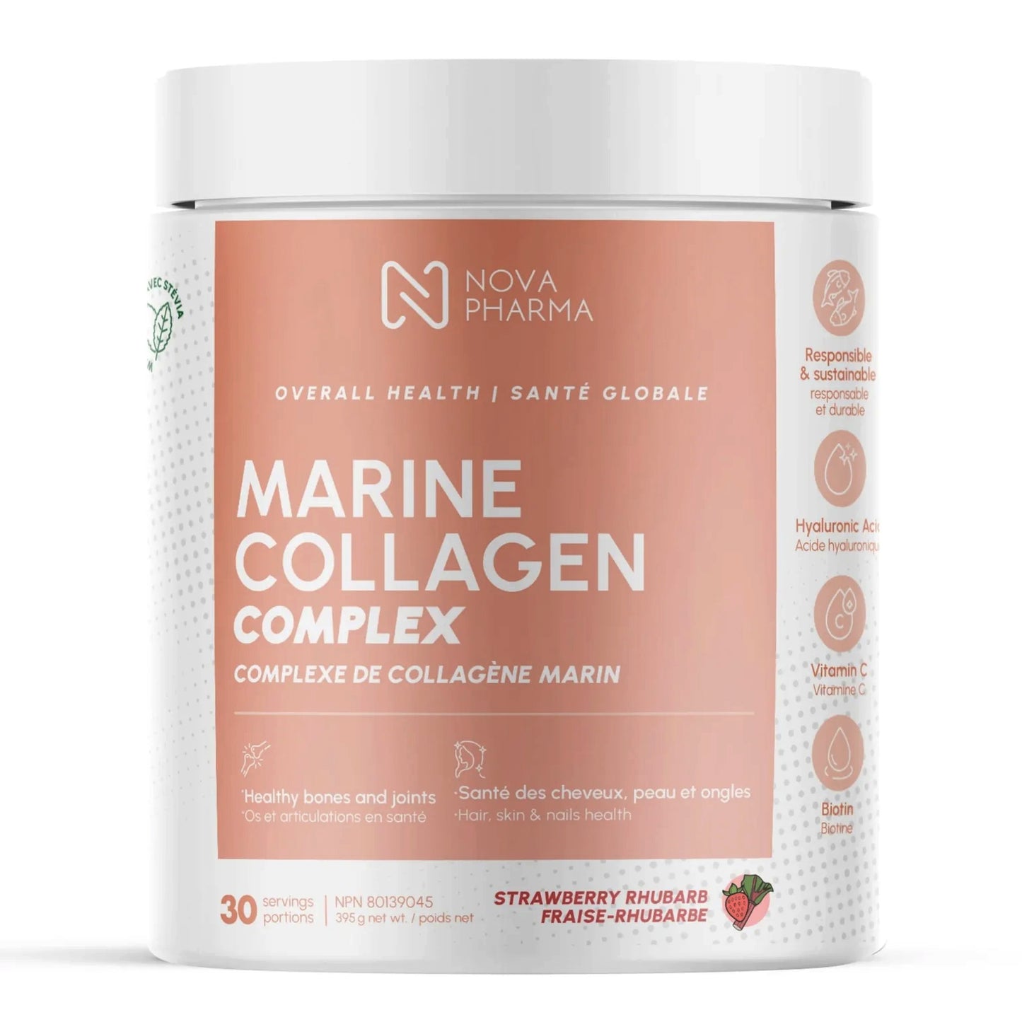 Complexe de collagène marin à l'acide hyaluronique, vitamine C et biotine - Nova Pharma - Fraise Rhubarbe - 375g