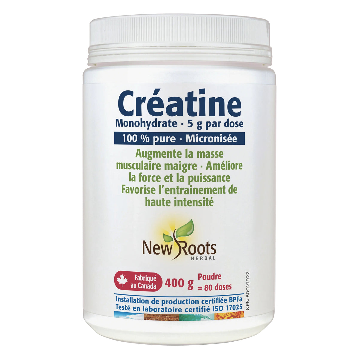 Créatine Monohydrate en poudre micronisée 100% Pure - 5g par dose - New Roots - 400g (80 doses)