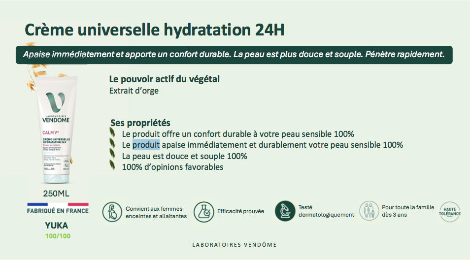 Crème universelle Hydratation 24H - Corps, Visage & Mains - Peaux sensibles - Laboratoires Vendome - 250ml