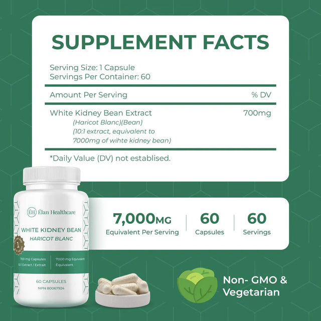 Extrait de Haricot Blanc (équivalent 7000mg) - Perte de poids - Élan Healthcare - 60 capsules