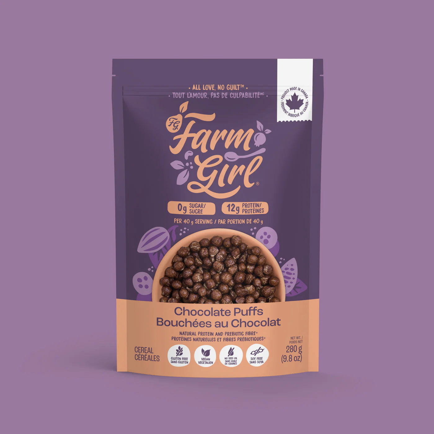 Céréales santé, protéines et fibres prébiotiques - Bouchées au chocolat - Chocolate Puffs - Farm Girl - 280g