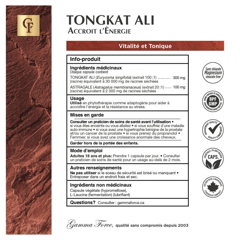 Tongkat Ali (extrait 100:1) 300 mg avec astragale (extrait 20:1) 100 MG - Gamma Force - 60 capsules