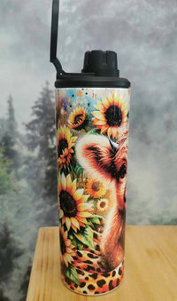 Gourde isotherme sport 20 oz. - Petite vache highland avec tournesols