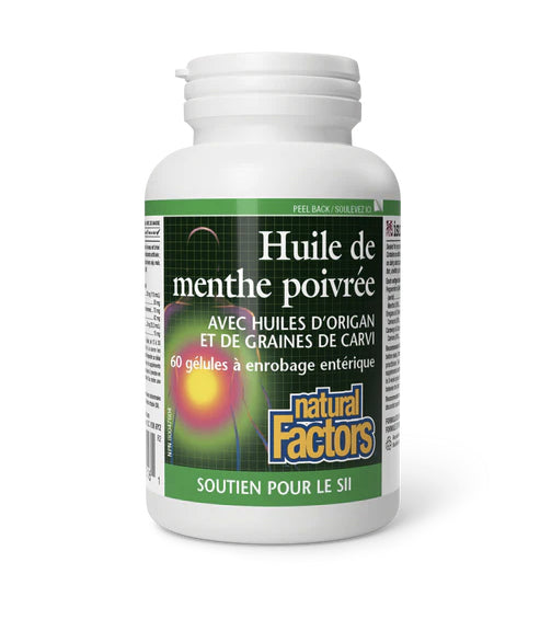 Huile de Menthe Poivrée avec Huiles d'Origan et Graines de Carvi - Soutien pour intestin irritable - Natural Factors - 60 gélules à enrobage entérique