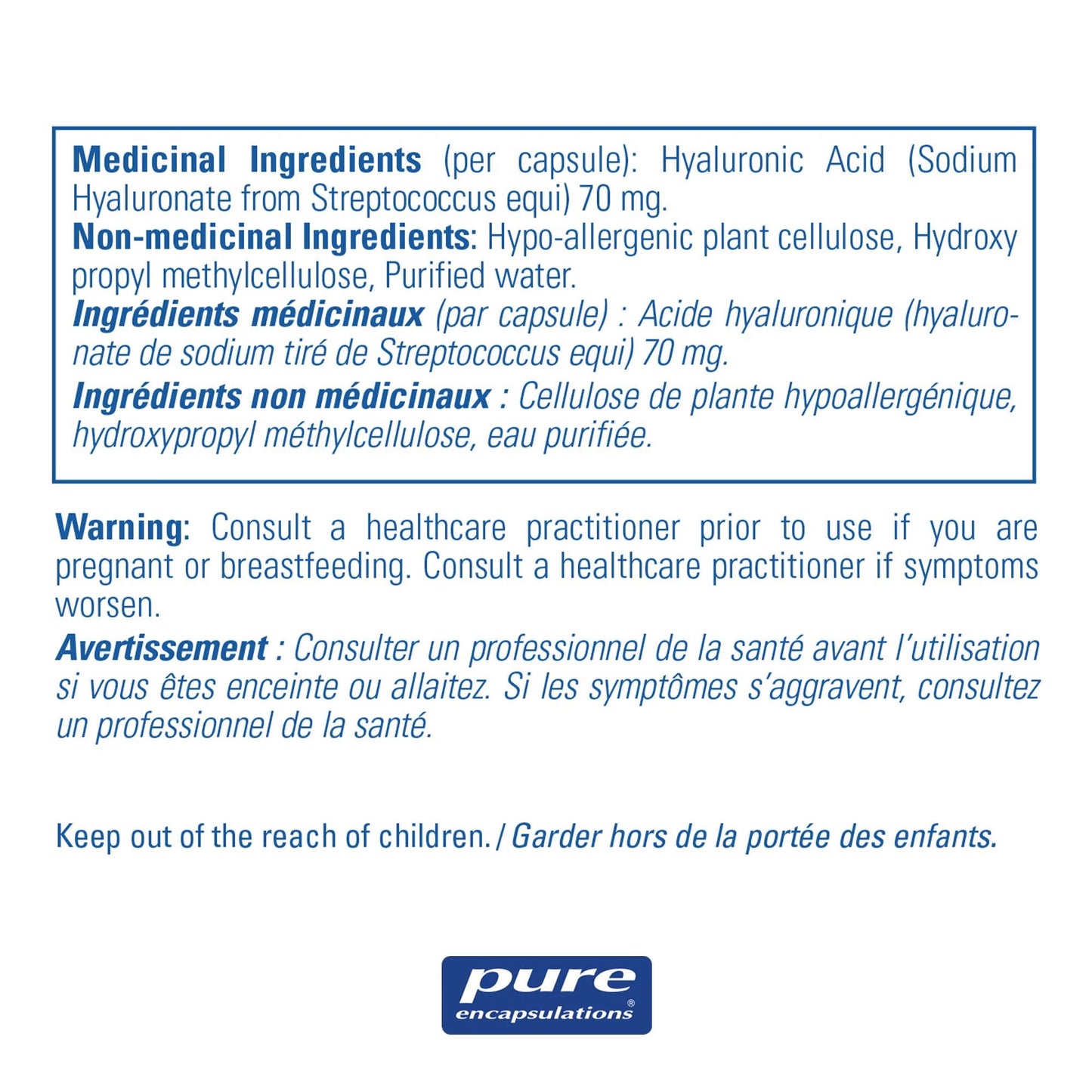 Acide Hyaluronique - Soutien à la santé des articulations et de la peau - Pure Encapsulations - 180 capsules