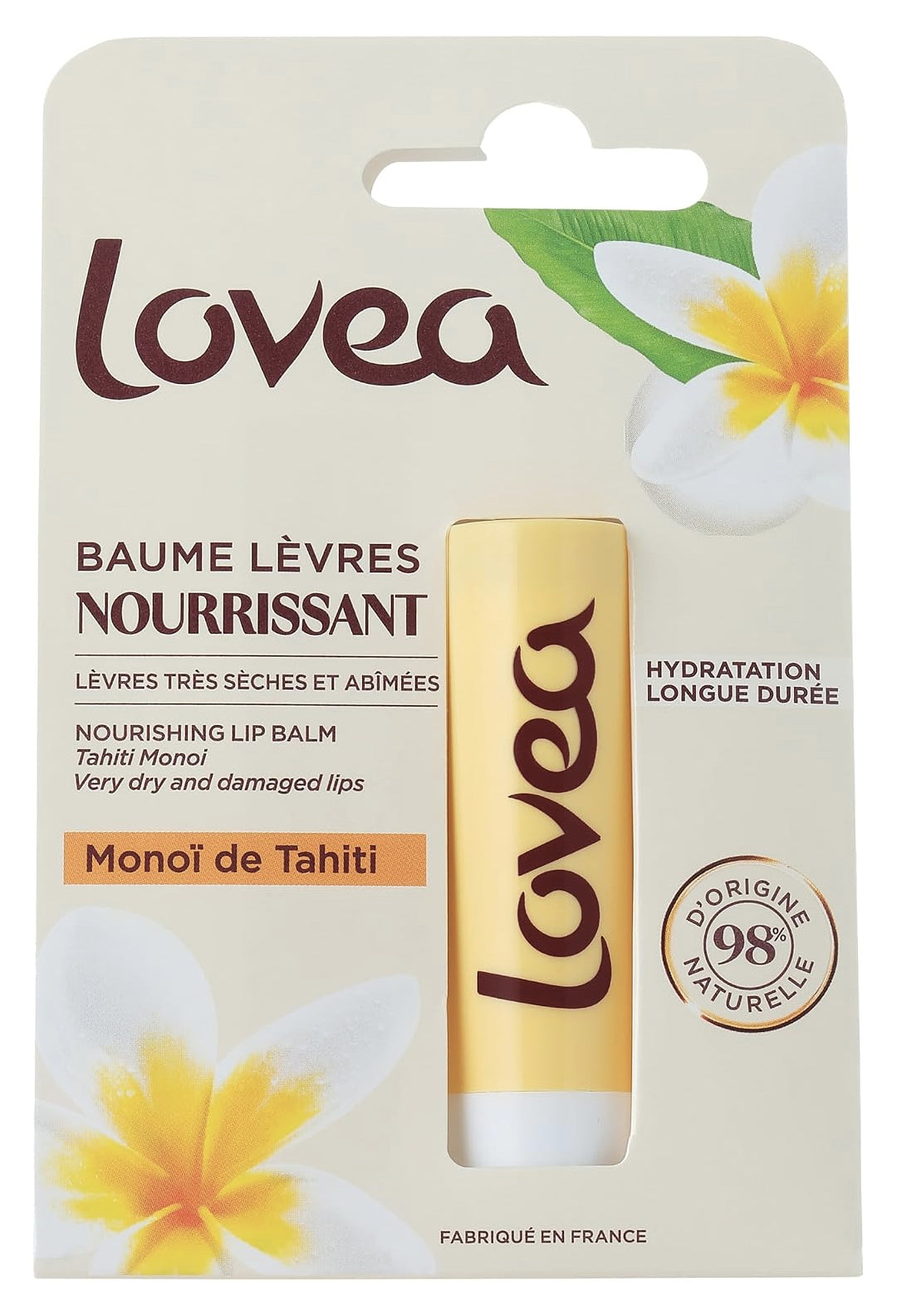 Baume à lèvres - Apaise, nourrit et adoucit - Lèvres très sèches et abîmées - Monoï de Tahiti - LOVEA - 4g
