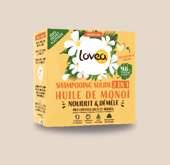 Shampoing solide 2-en-1 - Nettoie et nourrit - Cheveux secs et abîmés - Monoï de Tahiti - LOVEA - 60g