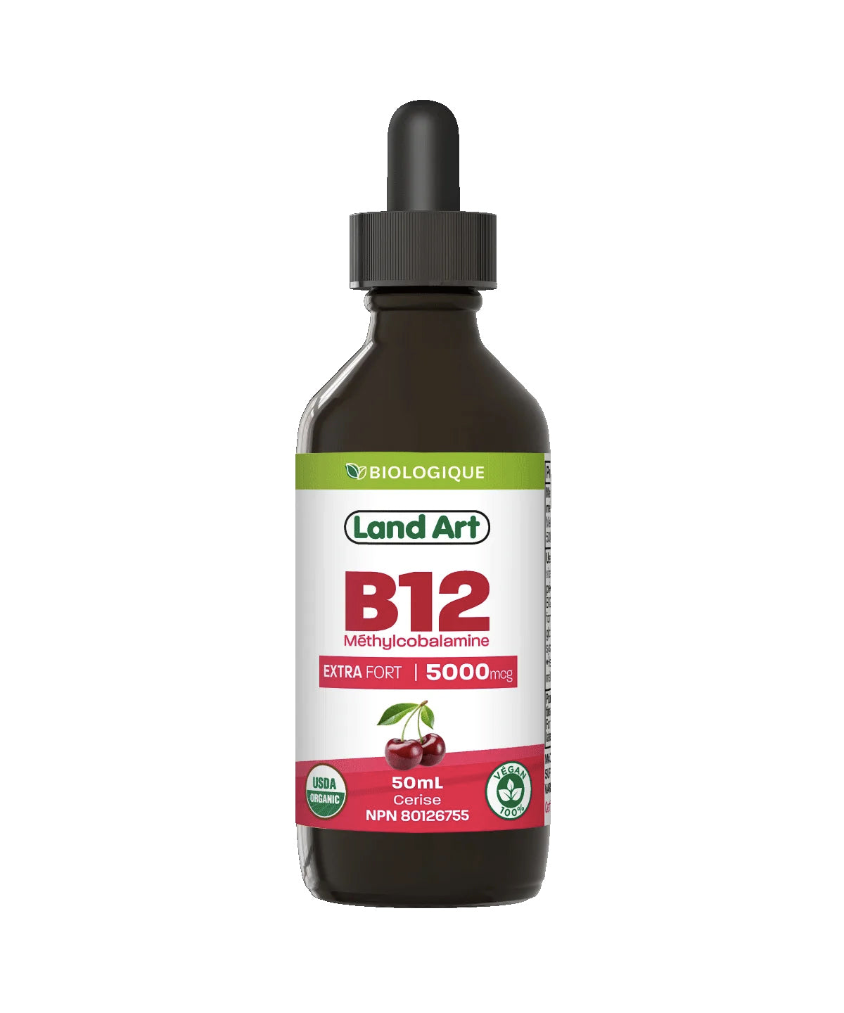 Vitamine B12 Biologique Extra-Fort - 5000mcg - Methylcobalamine - Land Art - 50ml - Cerise