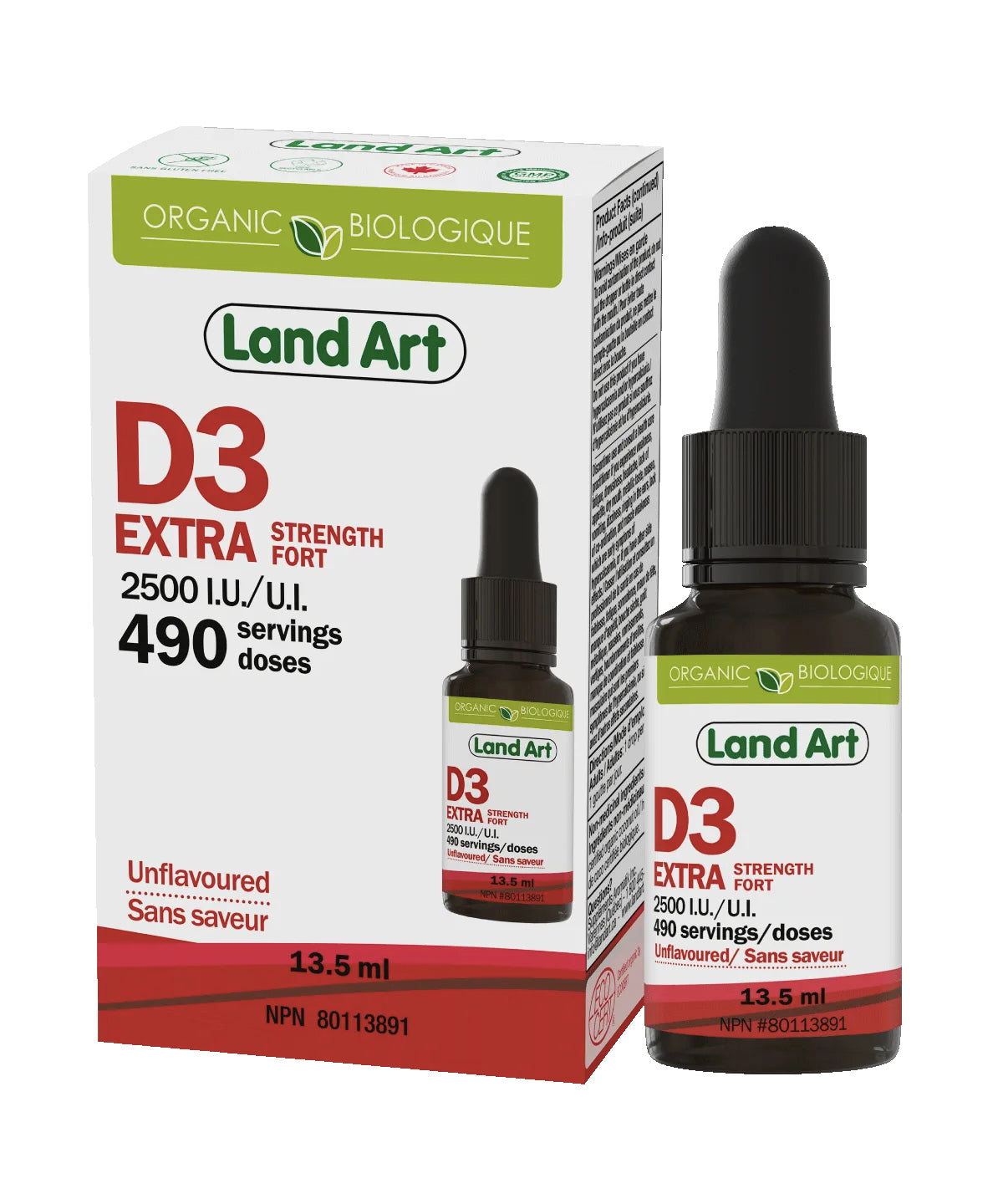 Vitamine D3 biologique - Extra-Fort 2500 Ui - Land Art - 13,5ml