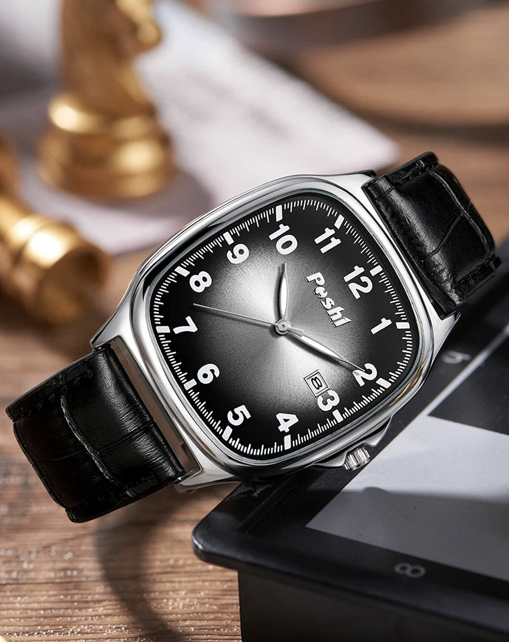 Montre pour hommes carrée avec bracelet de cuir noir