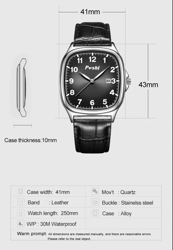 Montre pour hommes carrée avec bracelet de cuir noir