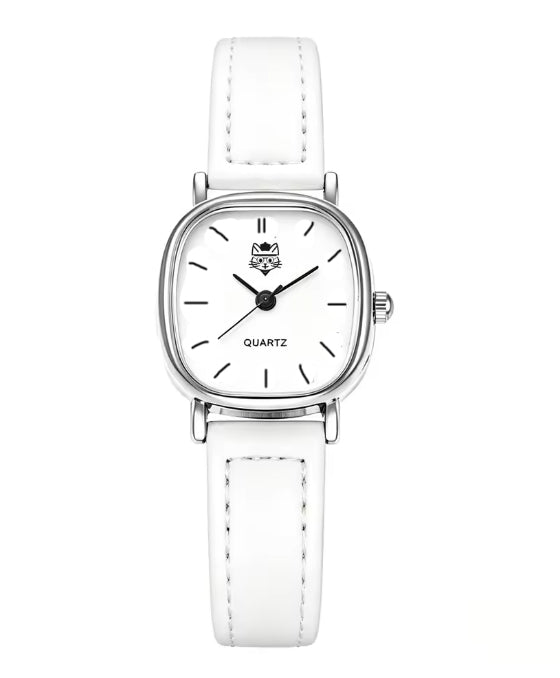 Petite montre carrée pour femmes avec bracelet de cuir blanc